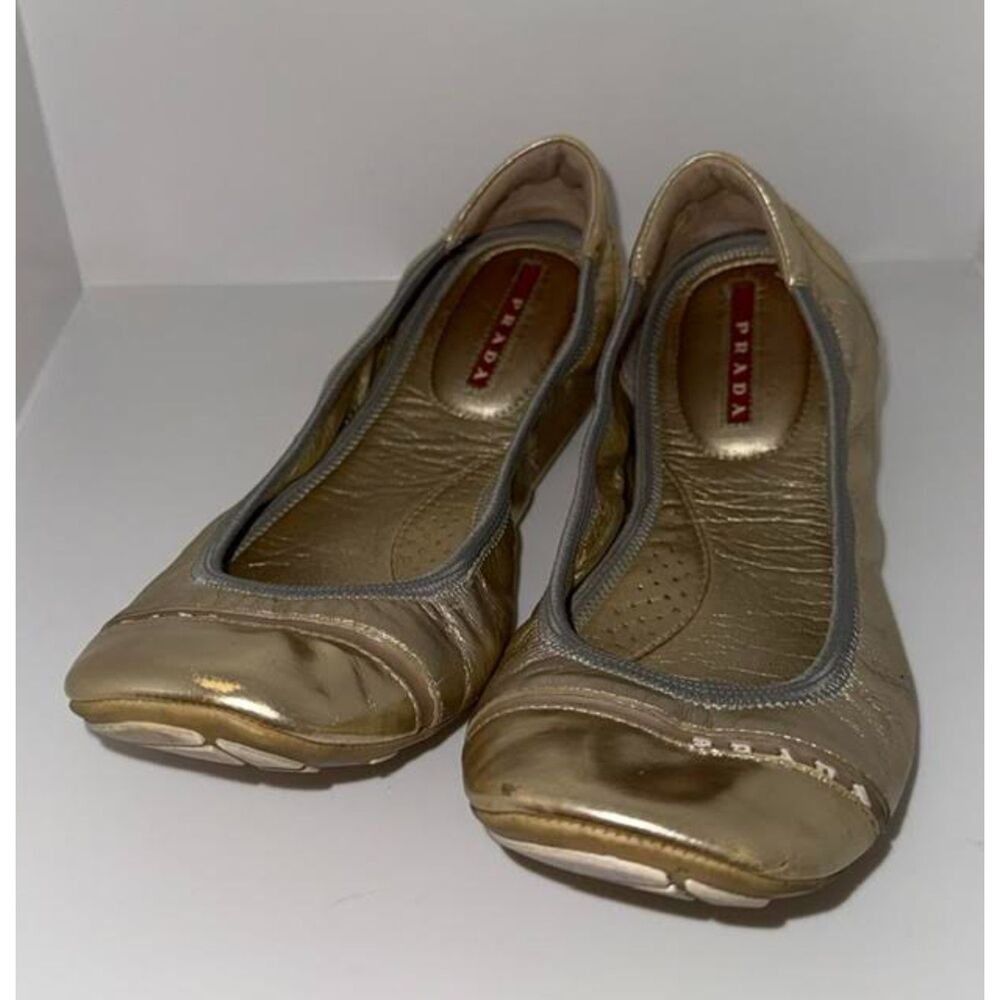 Vintage Prada Sport Gold Ballet Flats | Y2K Designer Metallic Leather Shoes - Picture 11 of 11
